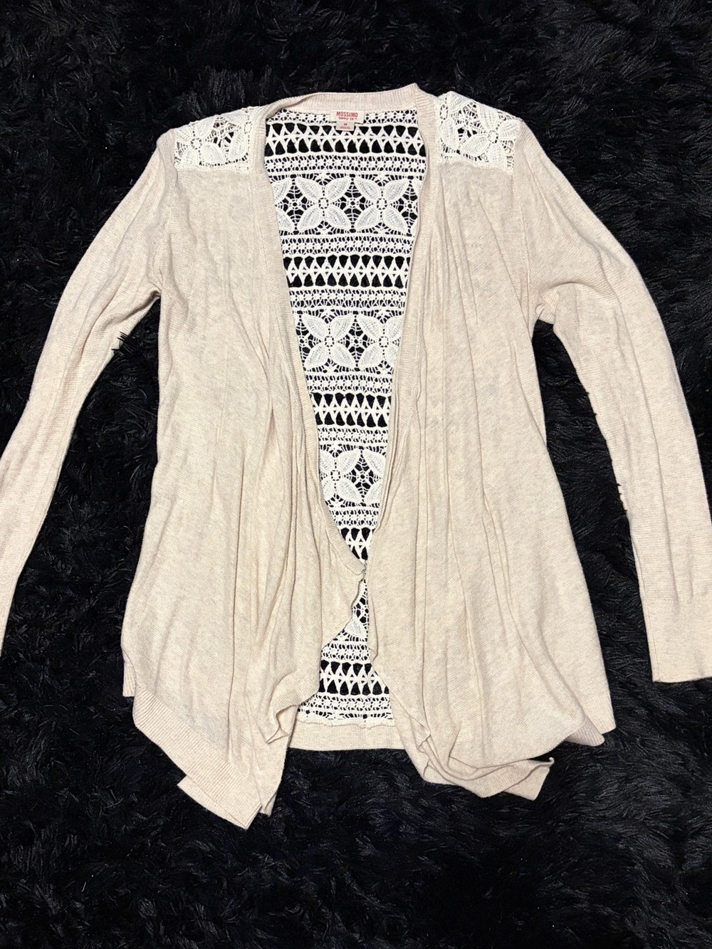 Mossimo Supply Co. Beige Open-Front Cardigan with White Crochet Back